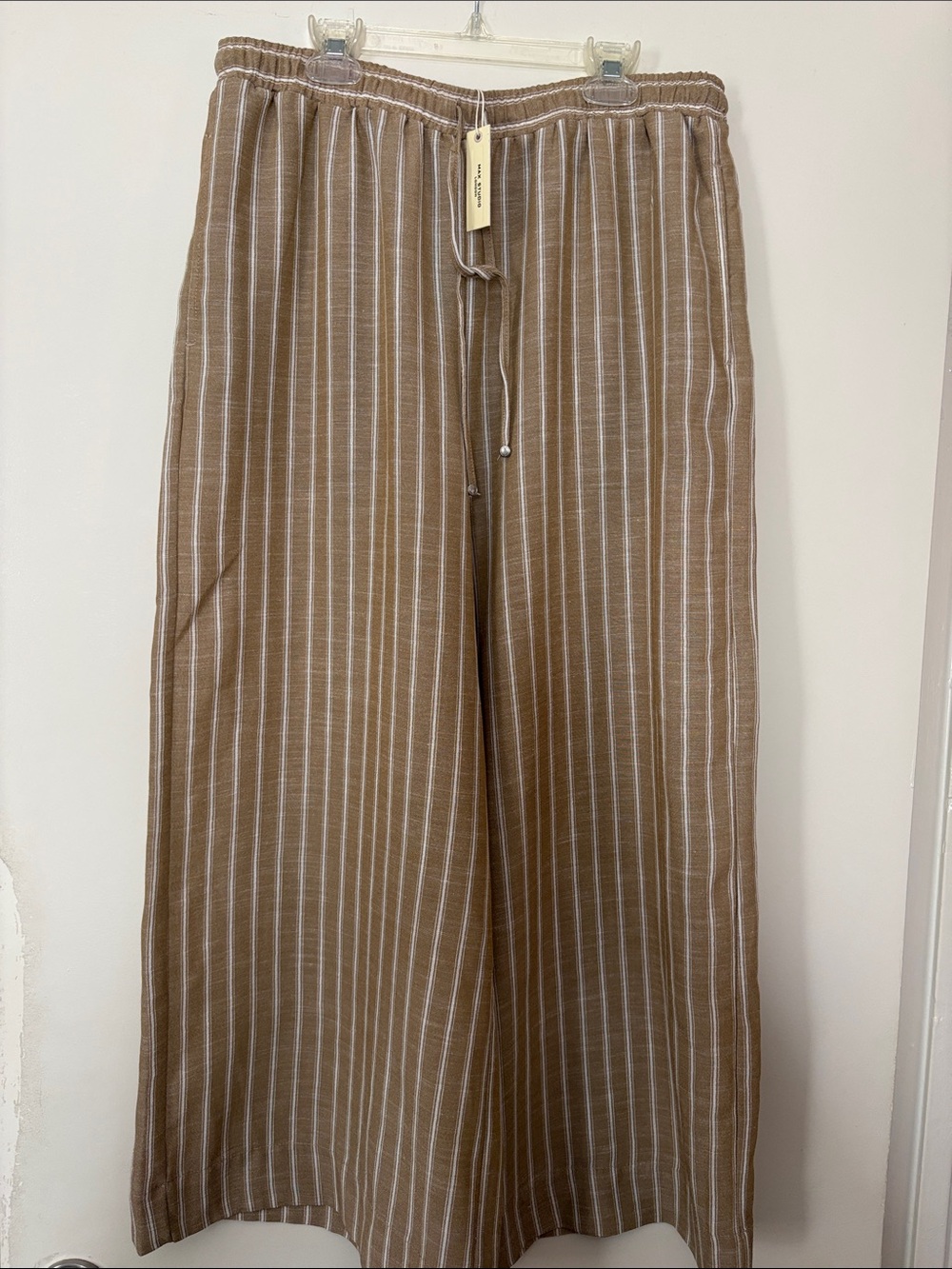 Max Studio Tan & White Striped Linen-Blend Drawstring Pants